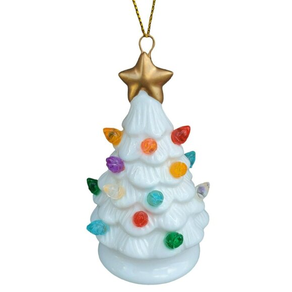 New Mini Christmas Tree Ornament Bulbs Light Up White Ceramic Snow Holiday Decor - Picture 5 of 8